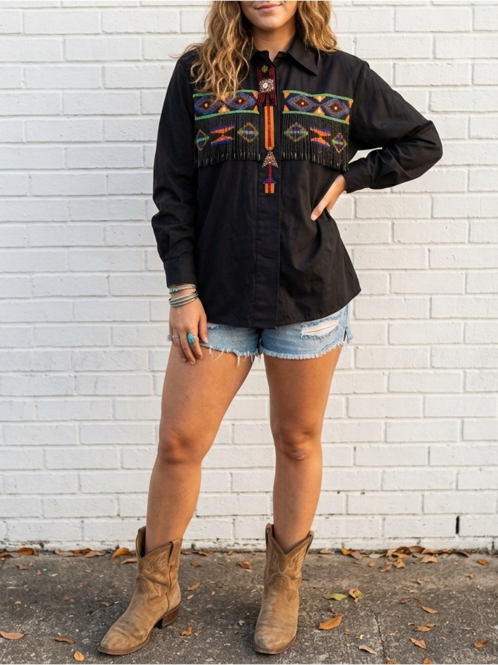 Vintage Western Beaded Fringe Shirt Black Cotton Ranchcore Rodeo Glam